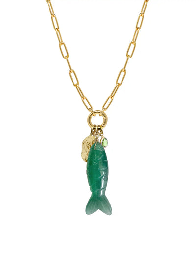Carved Natural Stone Fish Charm Carabiner Necklace
