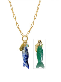 Carved Natural Stone Fish Charm Carabiner Necklace