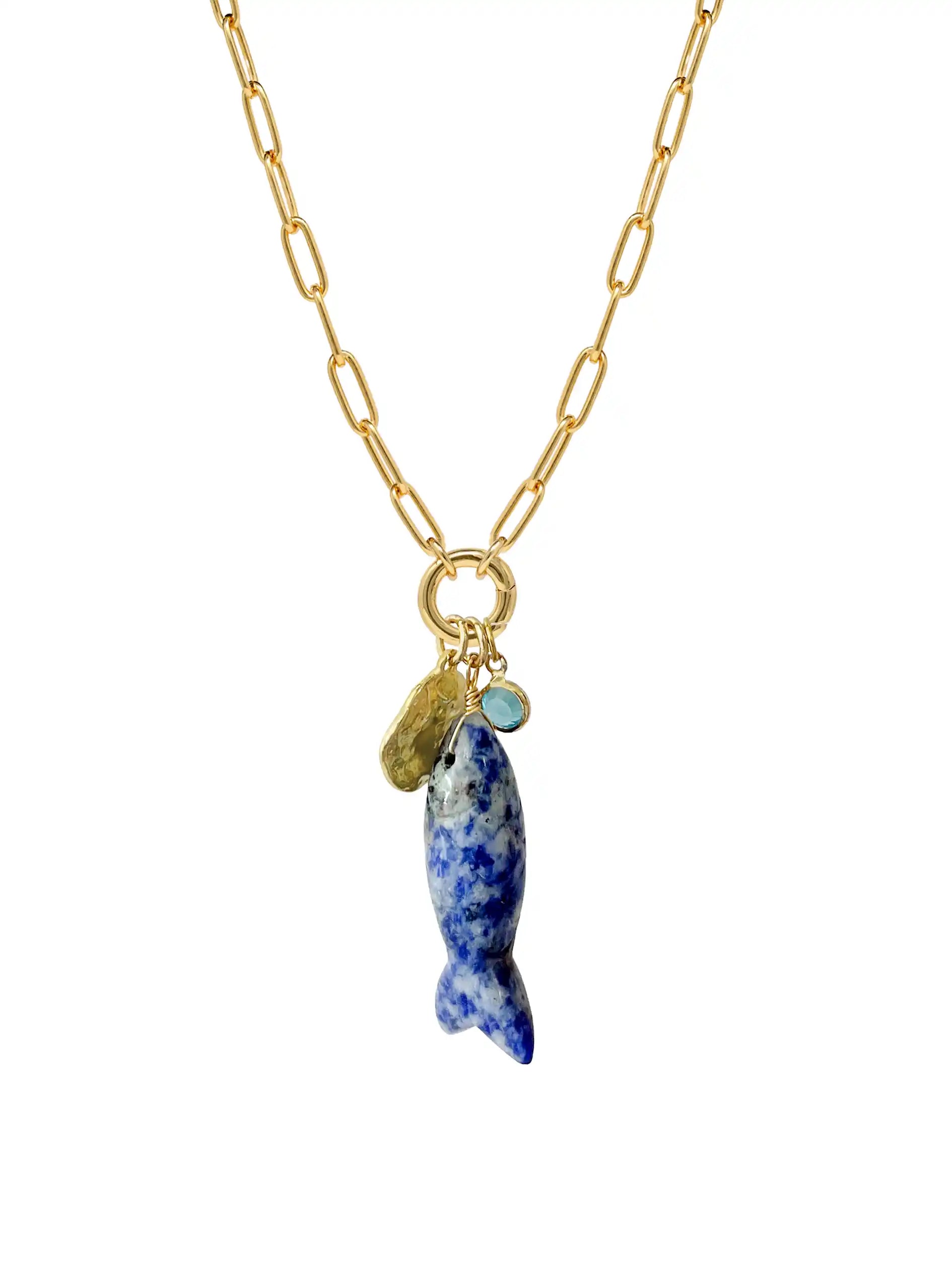 Carved Natural Stone Fish Charm Carabiner Necklace