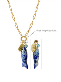 Carved Natural Stone Fish Charm Carabiner Necklace