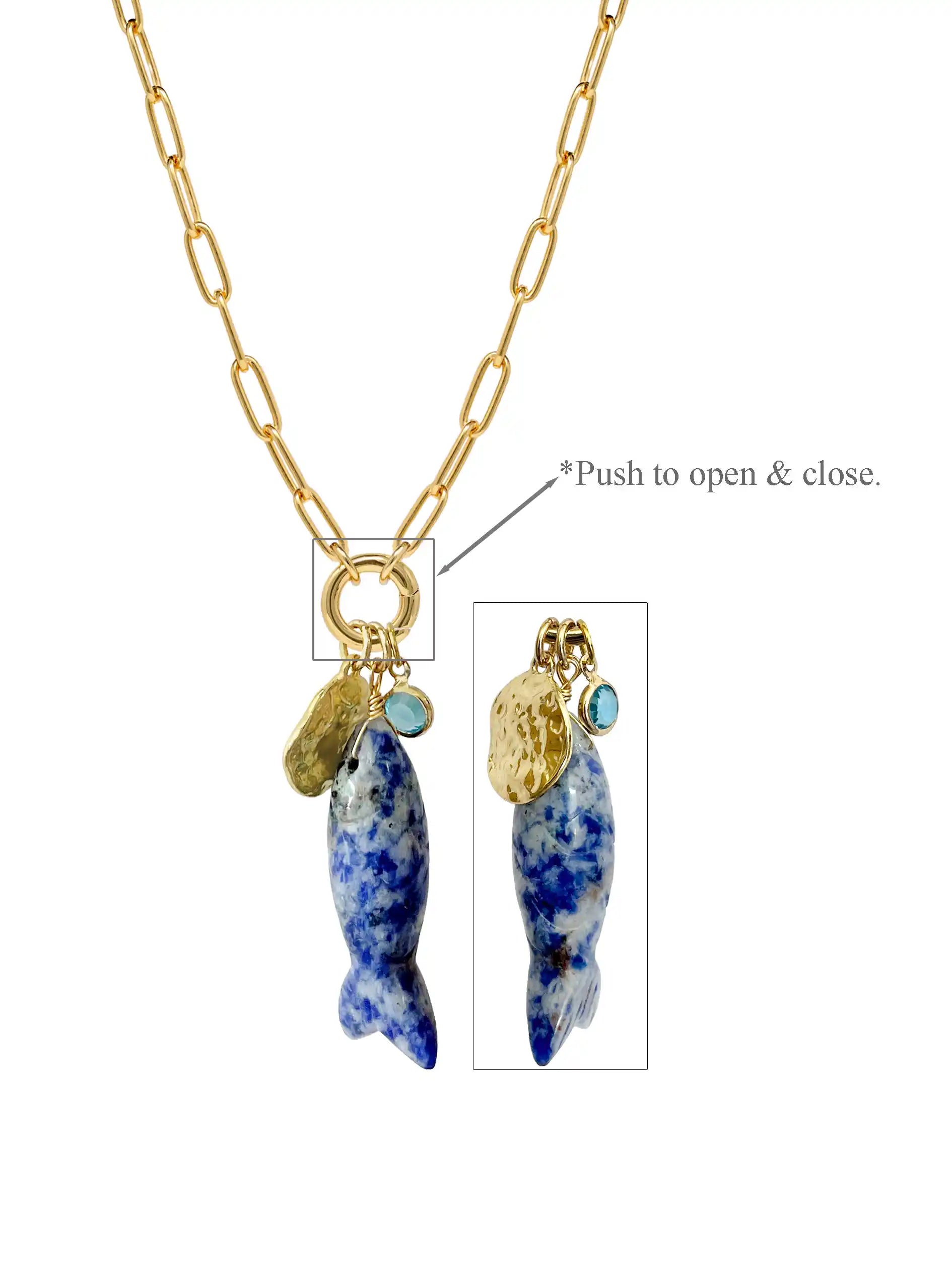 Carved Natural Stone Fish Charm Carabiner Necklace