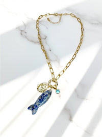 Carved Natural Stone Fish Charm Carabiner Necklace