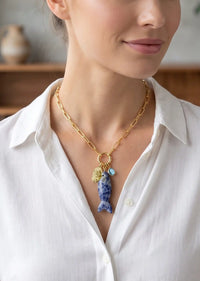 Carved Natural Stone Fish Charm Carabiner Necklace