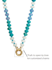 A beaded necklace with turquoise, light blue, and white round beads, featuring a gold carabiner with a pull-through ring design. A text overlay explains how to open and close the clasp for customization.