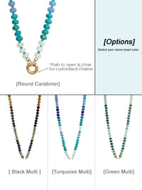 A product options graphic for a semi-precious stone beaded necklace with a gold-tone round carabiner clasp. The top panel shows a turquoise, white, and light blue beaded necklace with text noting the round carabiner and option to push open and close for custom charms.