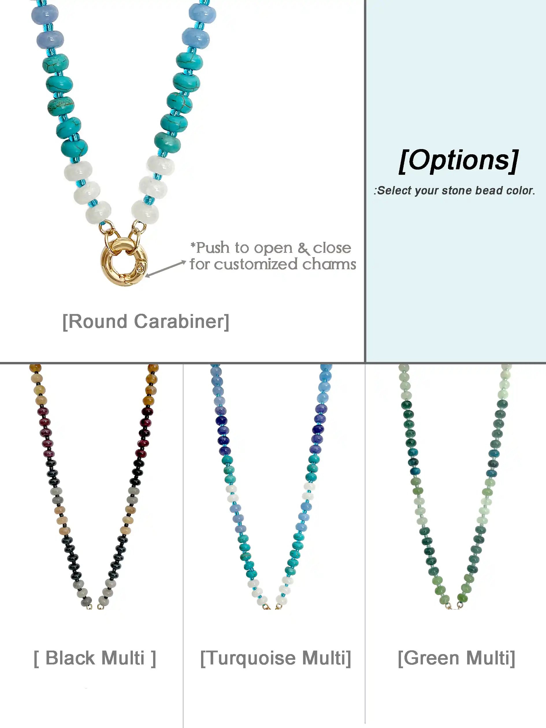 A product options graphic for a semi-precious stone beaded necklace with a gold-tone round carabiner clasp. The top panel shows a turquoise, white, and light blue beaded necklace with text noting the round carabiner and option to push open and close for custom charms.