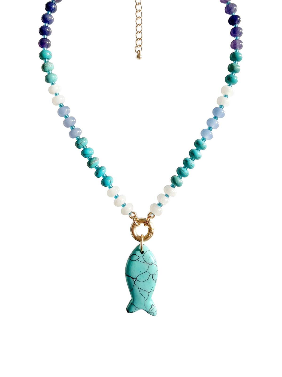 A beaded necklace featuring turquoise, teal, light blue, and white beads with a gold-tone fish-shaped pendant, displayed on a clean white background.