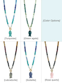A color options chart showing six beaded fish necklaces labeled [Turquoise], [Green agate], [Labradorite], [Sodalite], and [Rose quartz], with a pale blue panel on the right labeled [Color Options].