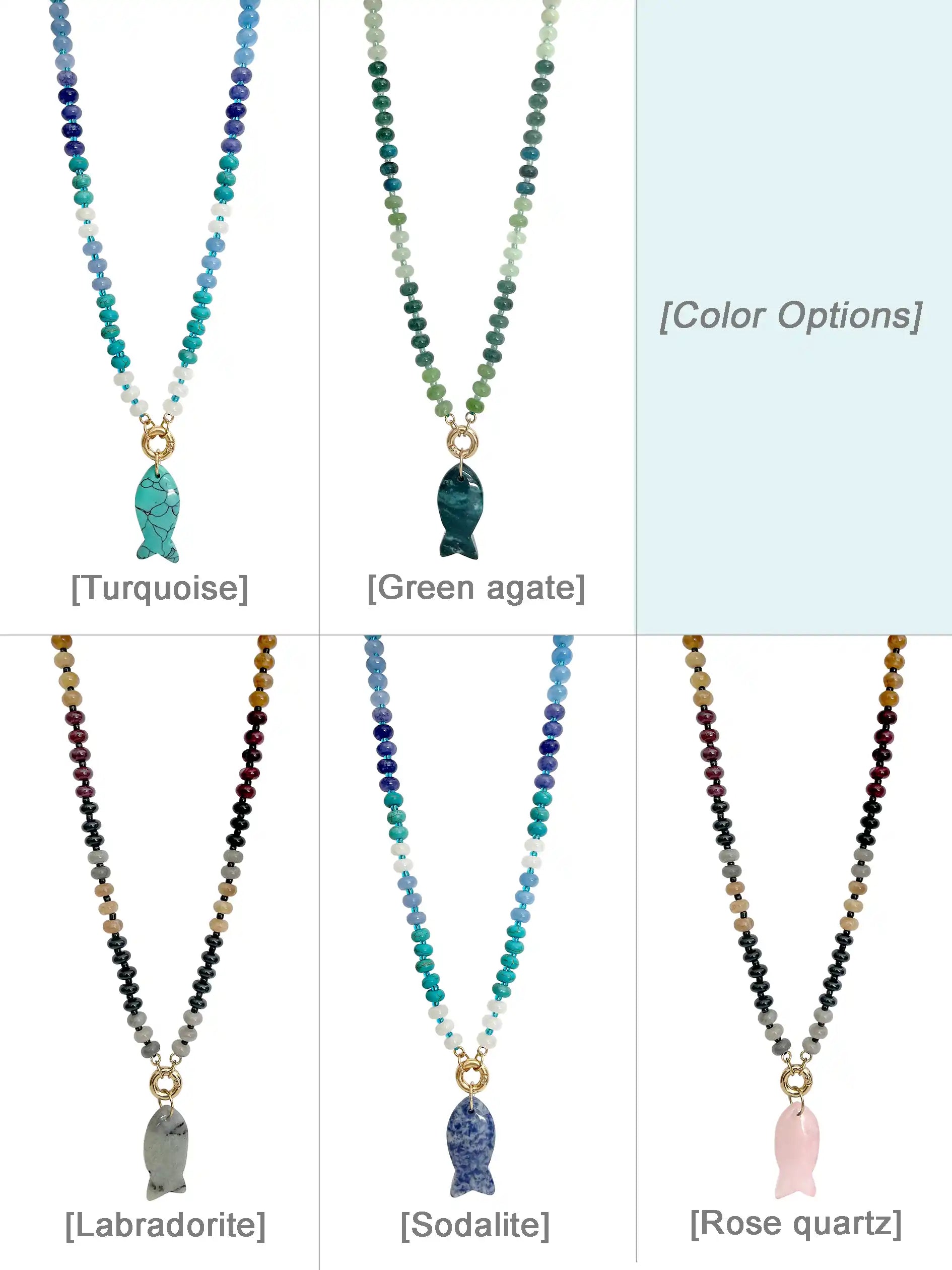 A color options chart showing six beaded fish necklaces labeled [Turquoise], [Green agate], [Labradorite], [Sodalite], and [Rose quartz], with a pale blue panel on the right labeled [Color Options].