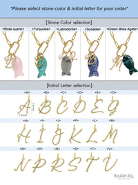 Personalized Natural Stone Fish Charm Carabiner Necklace with Initial & Pearl