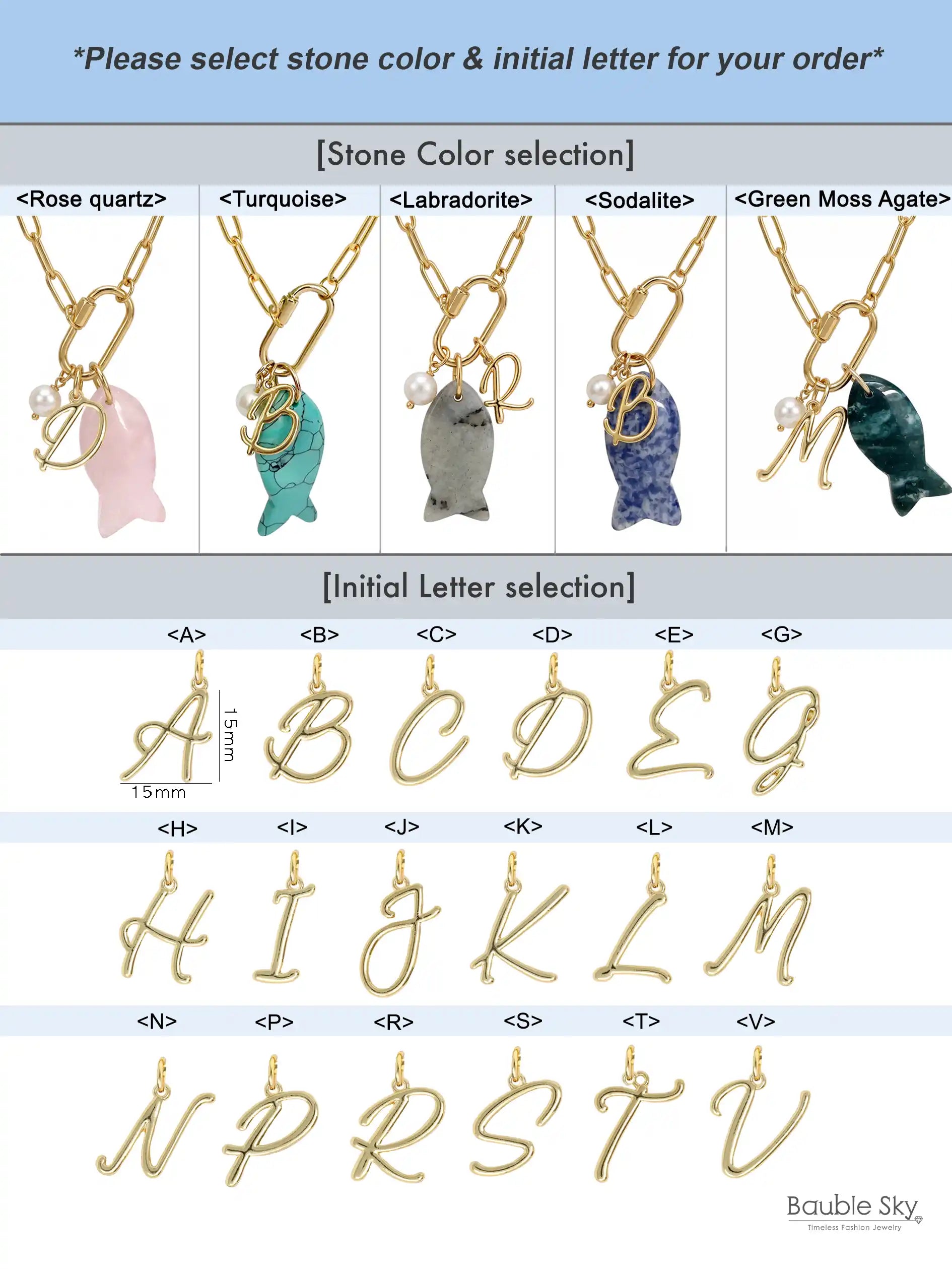 Personalized Natural Stone Fish Charm Carabiner Necklace with Initial & Pearl
