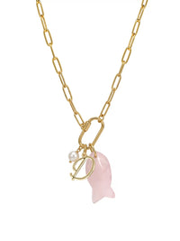 A gold paperclip chain necklace featuring a front-facing carabiner clasp that holds three distinct charms: a small round pearl, a gold script initial D, and a carved pink rose quartz fish pendant.