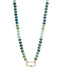 A semi-precious stone beaded necklace featuring green and blue-green stone beads transitioning into light mint green beads, finished with a gold-tone carabiner clasp on a solid white background.