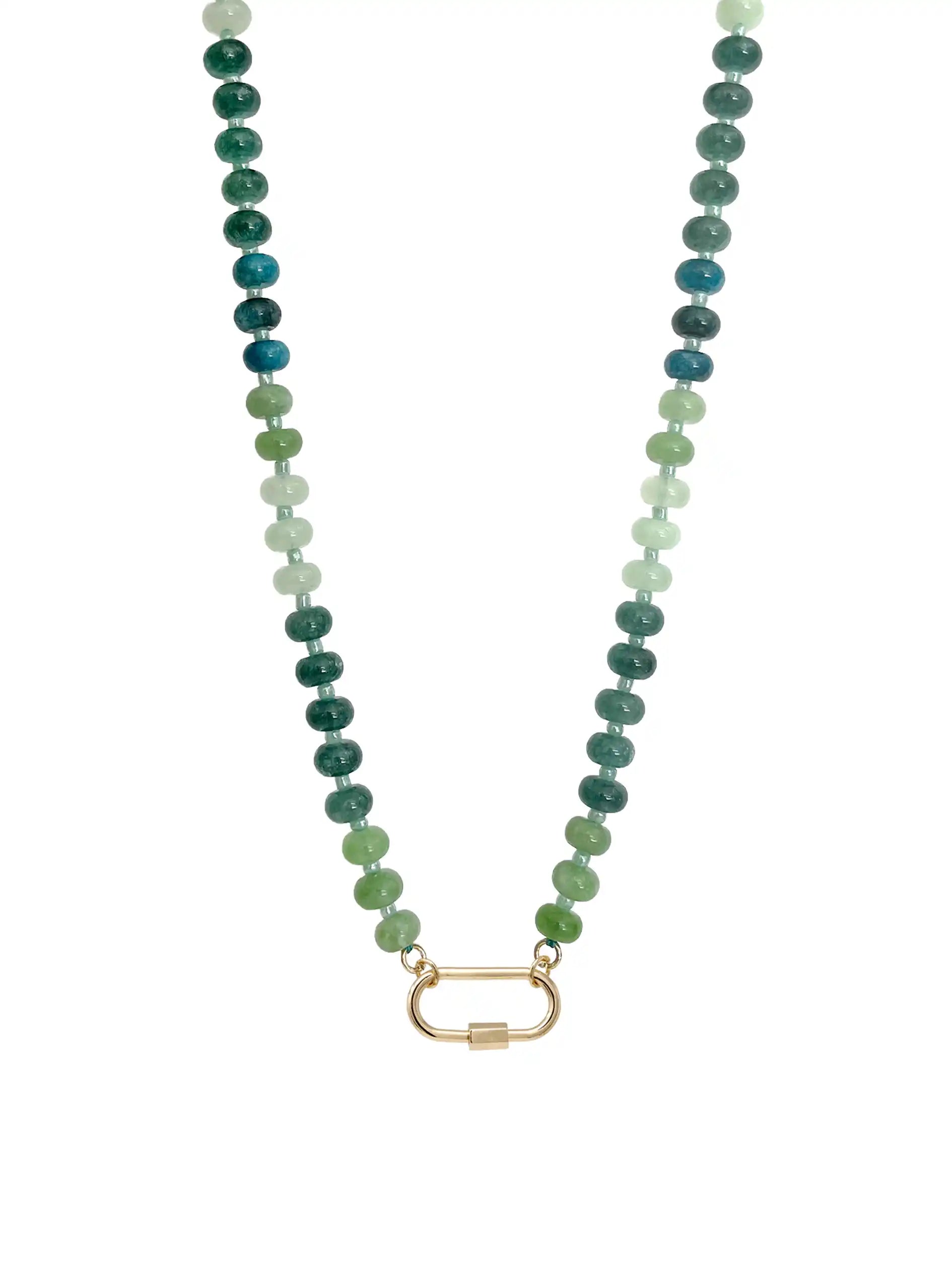 A semi-precious stone beaded necklace featuring green and blue-green stone beads transitioning into light mint green beads, finished with a gold-tone carabiner clasp on a solid white background.