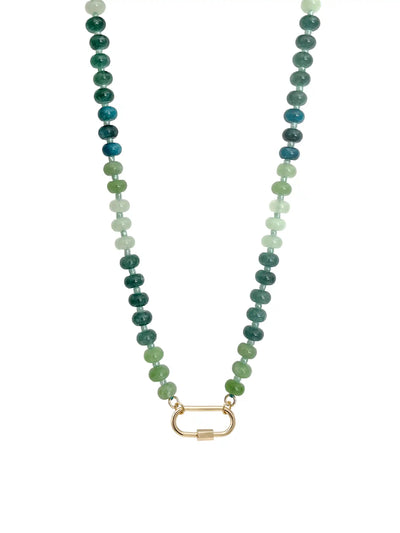 A semi-precious stone beaded necklace featuring green and blue-green stone beads transitioning into light mint green beads, finished with a gold-tone carabiner clasp on a solid white background.