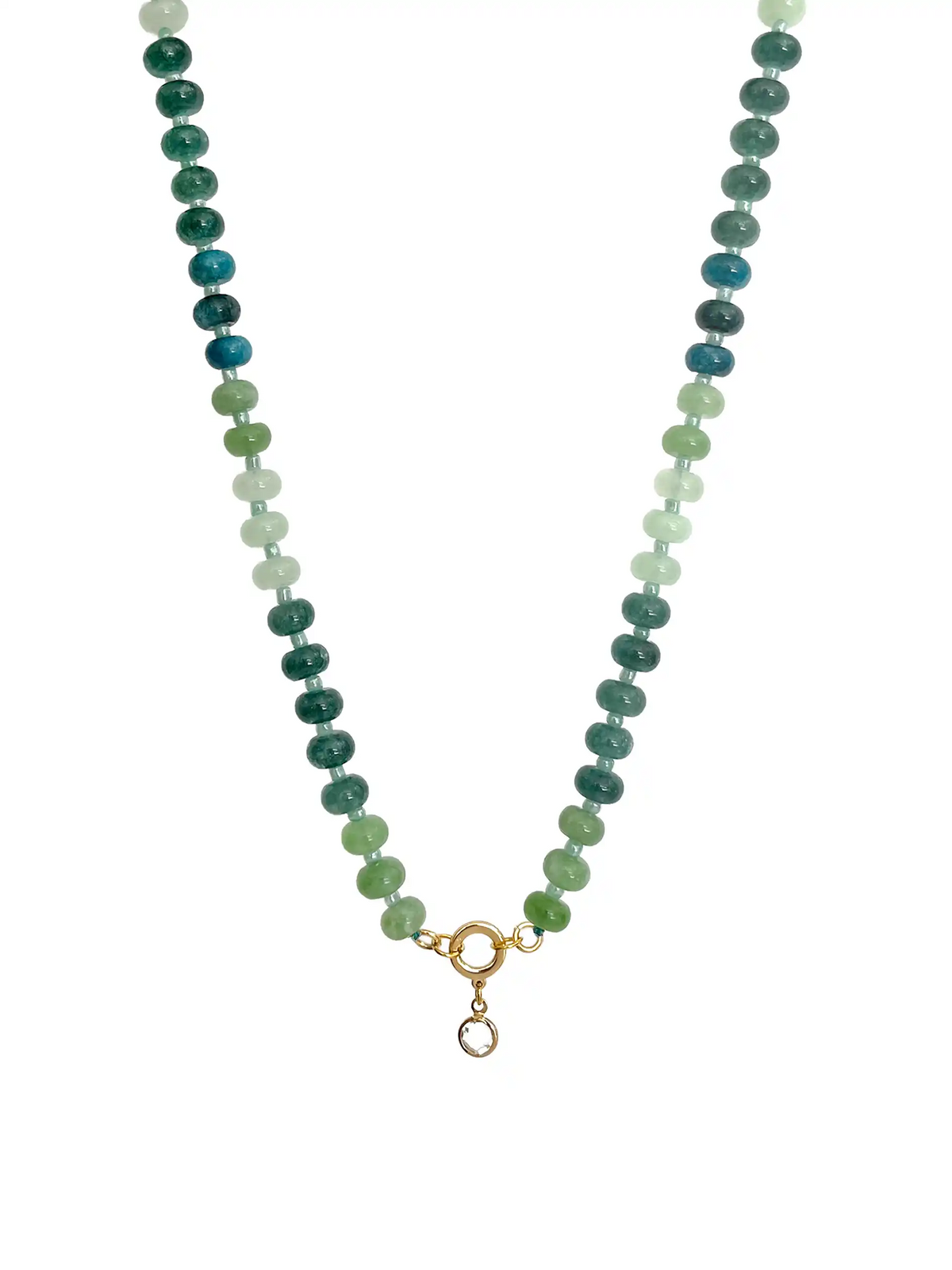 A beaded necklace featuring three vertical strands of round beads in shades of green, teal, and white, finished with a gold ring and a small hanging charm, shown against a plain white background.