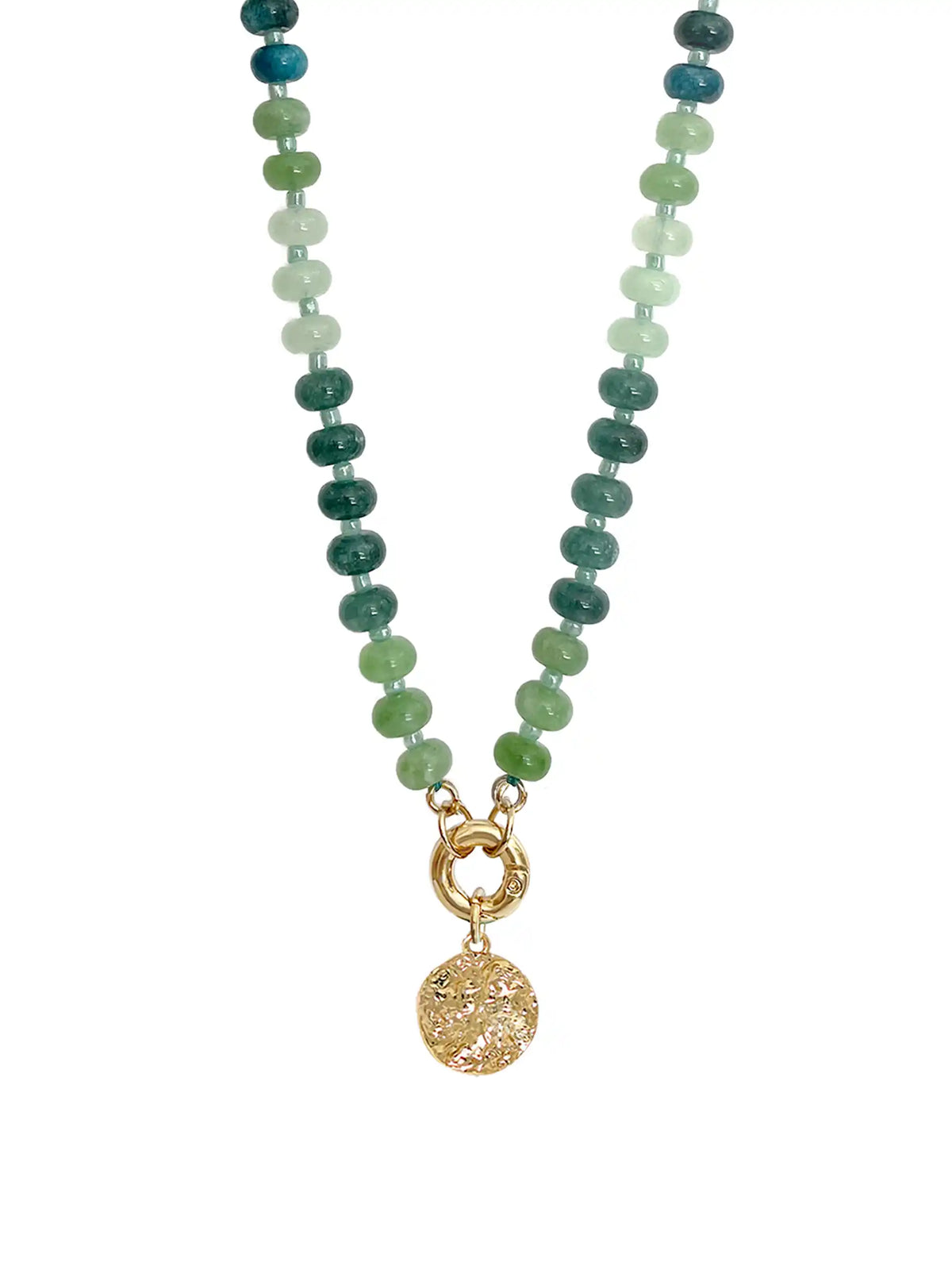 Green beaded statement necklace with mixed green beads, gold-tone clasp, and textured round coin pendant on a white background.