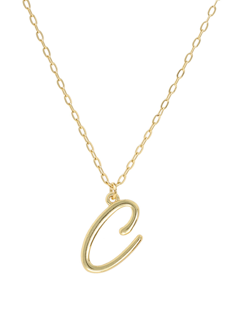 Script initial letter C charm necklace dangled in a gold-filled paperclip chain.
