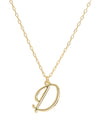Script initial letter D charm necklace dangled in a gold-filled paperclip chain.