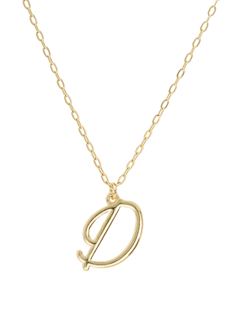 Script initial letter D charm necklace dangled in a gold-filled paperclip chain.