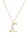Script initial letter E charm necklace dangled in a gold-filled paperclip chain.
