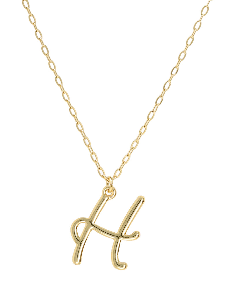 Script initial letter H charm necklace dangled in a gold-filled paperclip chain.