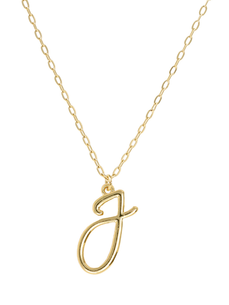 Script initial letter J charm necklace dangled in a gold-filled paperclip chain.