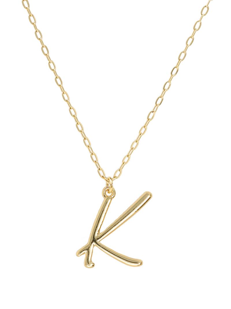 Script initial letter K charm necklace dangled in a gold-filled paperclip chain.