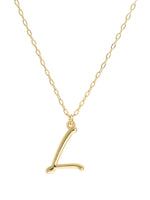 Script initial letter L charm necklace dangled in a gold-filled paperclip chain.