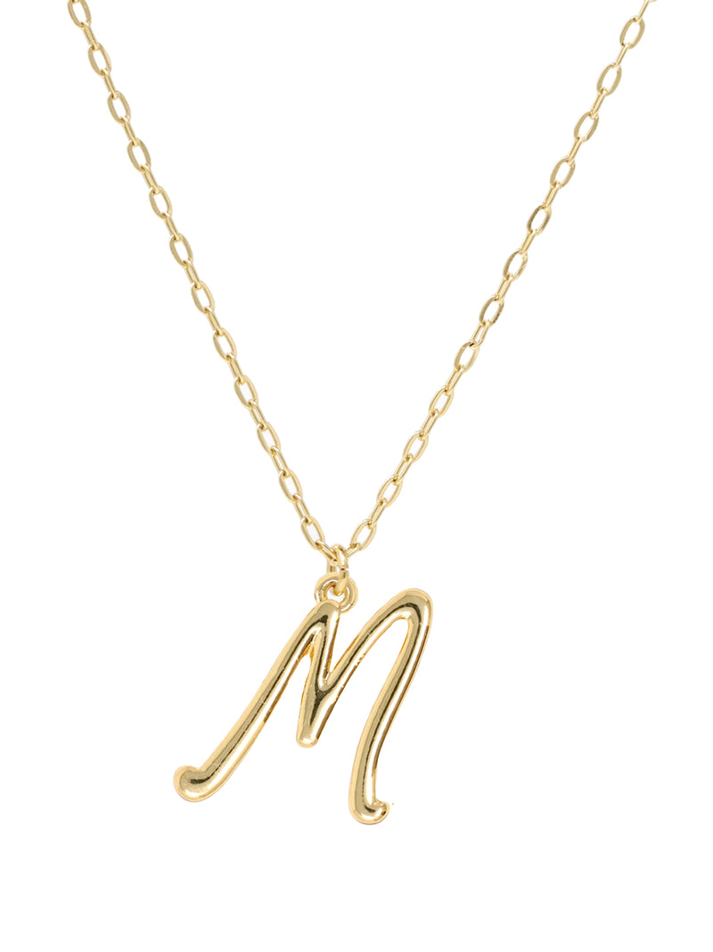 Script initial letter M charm necklace dangled in a gold-filled paperclip chain.