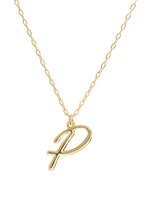 Script initial letter P charm necklace dangled in a gold-filled paperclip chain.