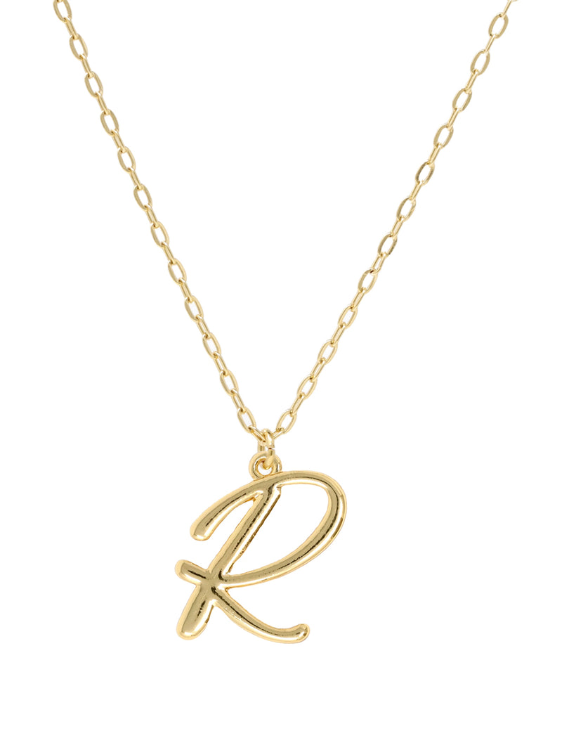 Script initial letter R charm necklace dangled in a gold-filled paperclip chain.