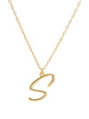 Script initial letter S charm necklace dangled in a gold-filled paperclip chain.