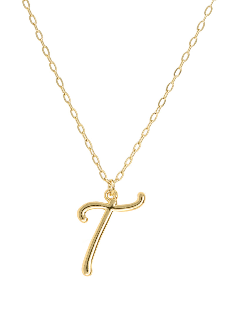 Script initial letter T charm necklace dangled in a gold-filled paperclip chain.