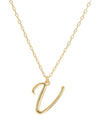 Script initial letter V charm necklace dangled in a gold-filled paperclip chain.