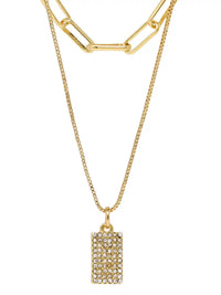 A gold layered necklace featuring a paperclip chain at the top, a fine box chain in the middle, and a rectangular pendant paved with small clear rhinestones on a gold chain, shown against a plain white background.