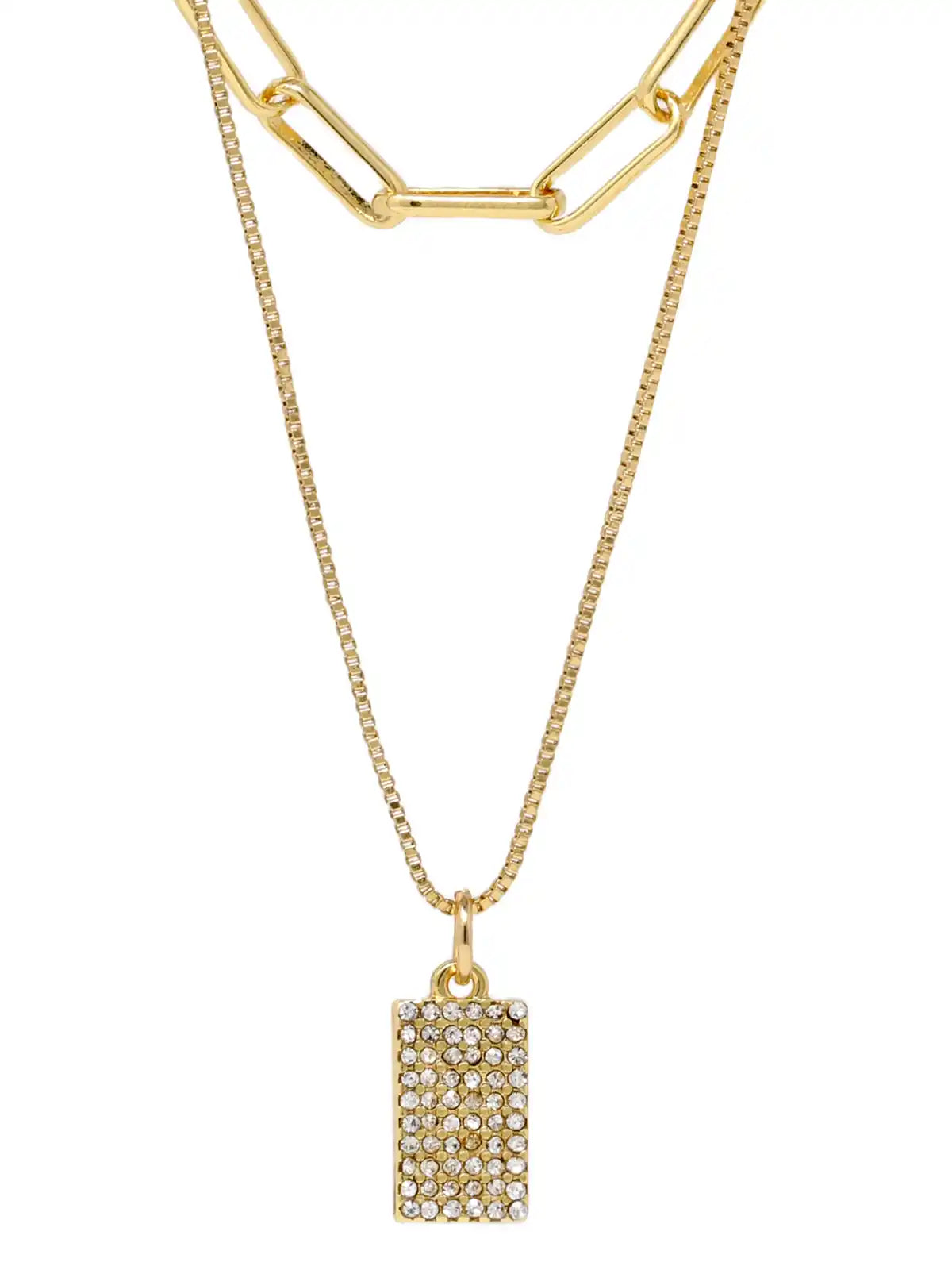 A gold layered necklace featuring a paperclip chain at the top, a fine box chain in the middle, and a rectangular pendant paved with small clear rhinestones on a gold chain, shown against a plain white background.