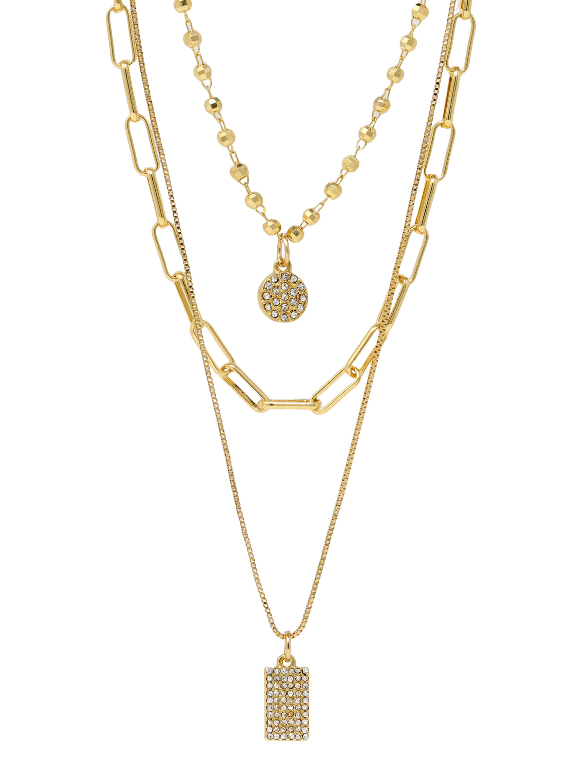 A triple-layered gold necklace featuring various chains adorned with modern, paved charms.