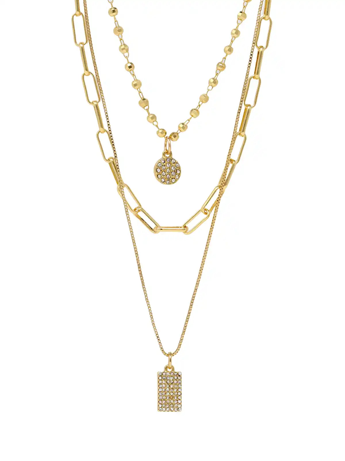 A gold layered necklace set featuring three distinct chains: a chunky paperclip chain, a delicate beaded chain with a round pavé pendant, and a fine chain with a rectangular pavé pendant, all displayed on a clean white background.