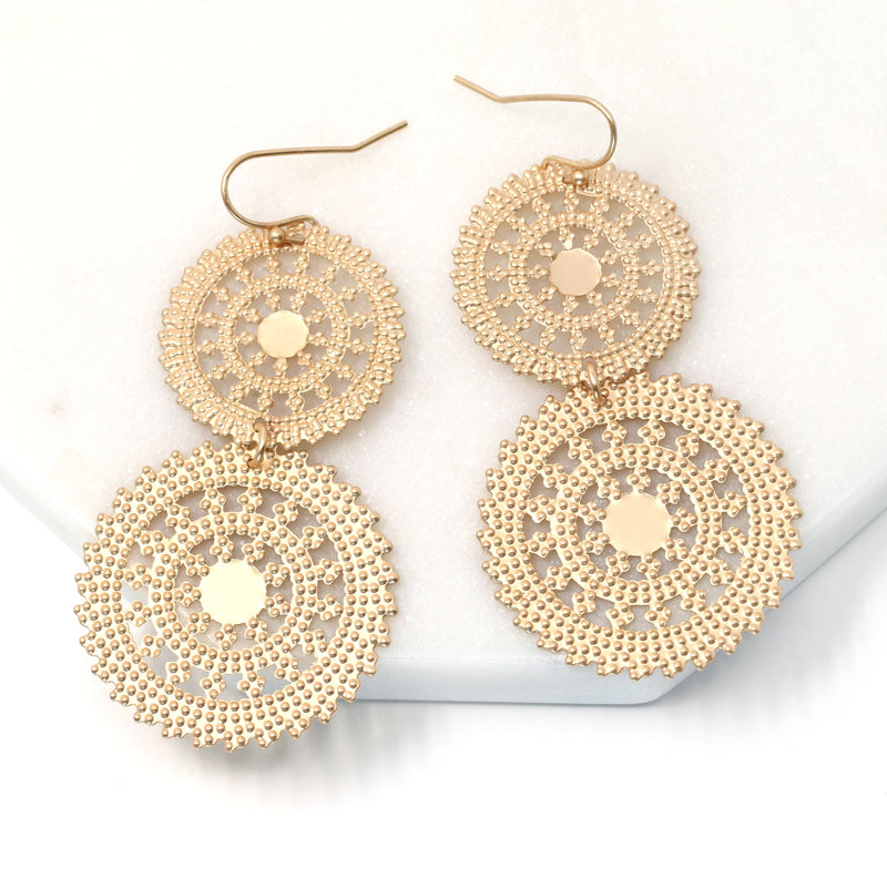 A pair of classic lightweight filigree circle drop and dangle earrings in gold.