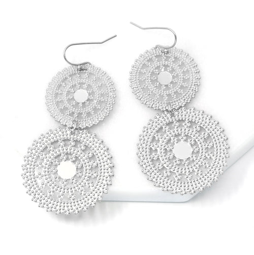 A pair of classic lightweight filigree circle drop and dangle earrings in silver.