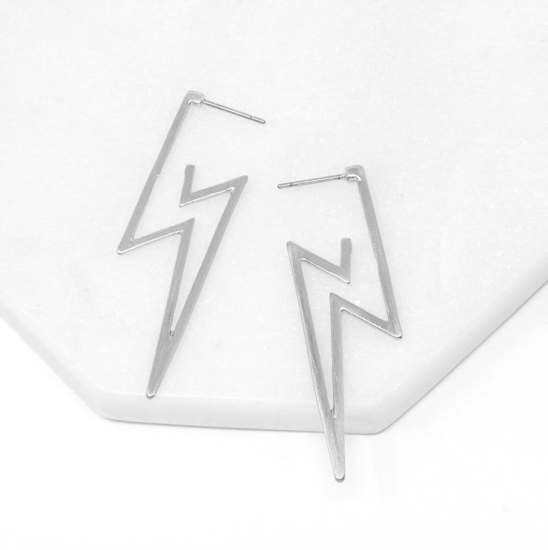 A pair of modern lightning bold hoop earrings in silver.