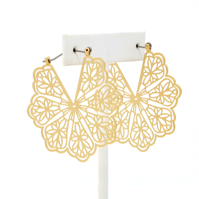 A pair of floral patterned filigree lightweight statement hoop earrings in gold.