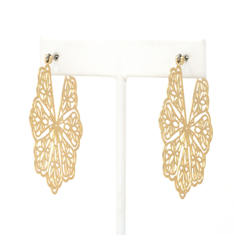 A pair of floral patterned filigree lightweight statement hoop earrings in gold.