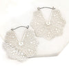 A pair of floral patterned filigree lightweight statement hoop earrings in silver.
