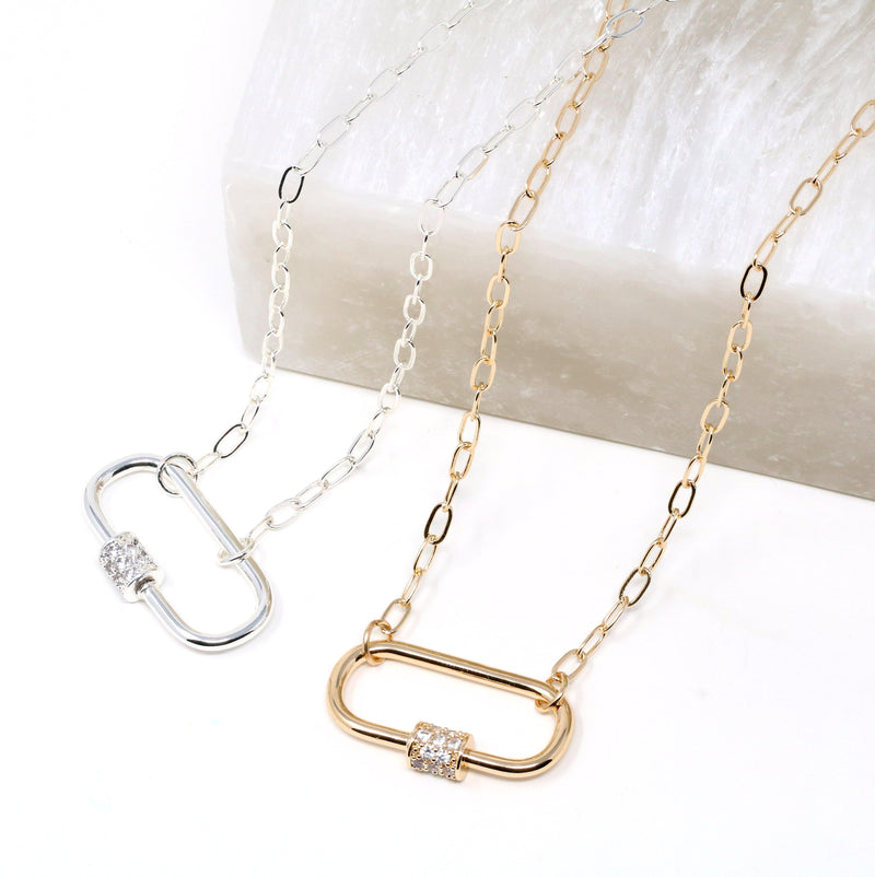 Pave Carabiner Lock Necklace Silver