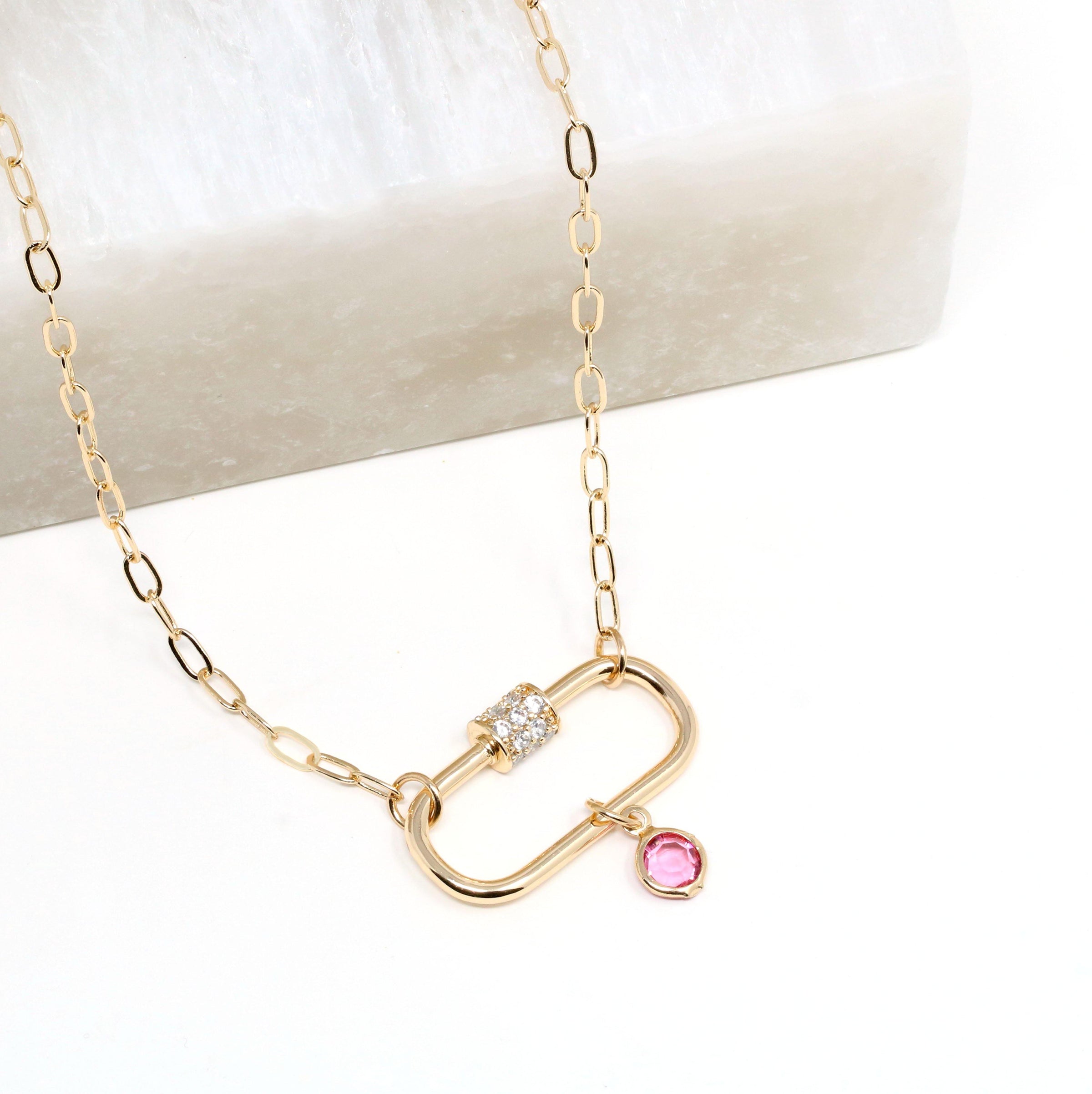 Birthstone Pave Carabiner Lock Necklace - Bauble Sky