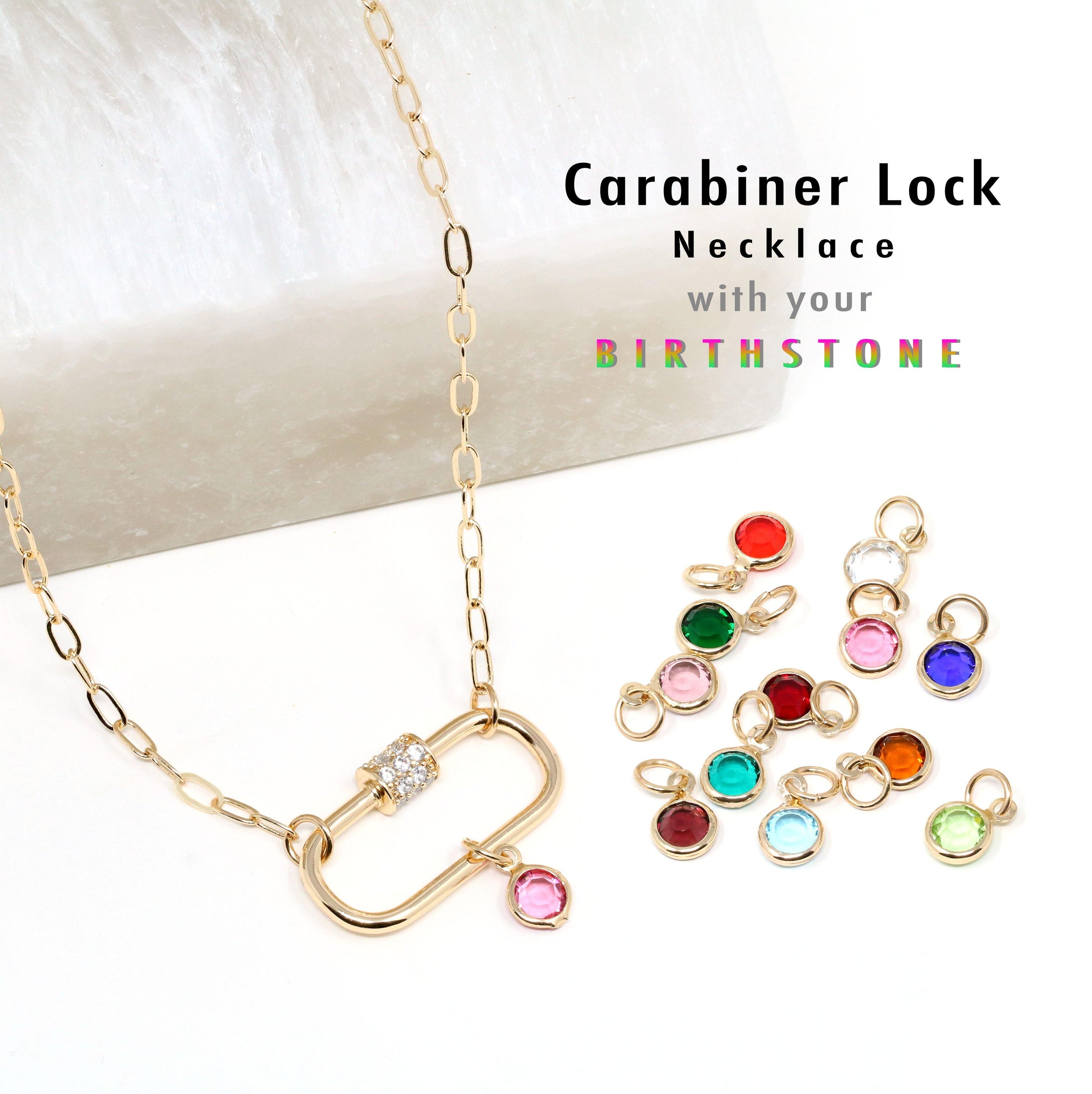 Birthstone Pave Carabiner Lock Necklace - Bauble Sky