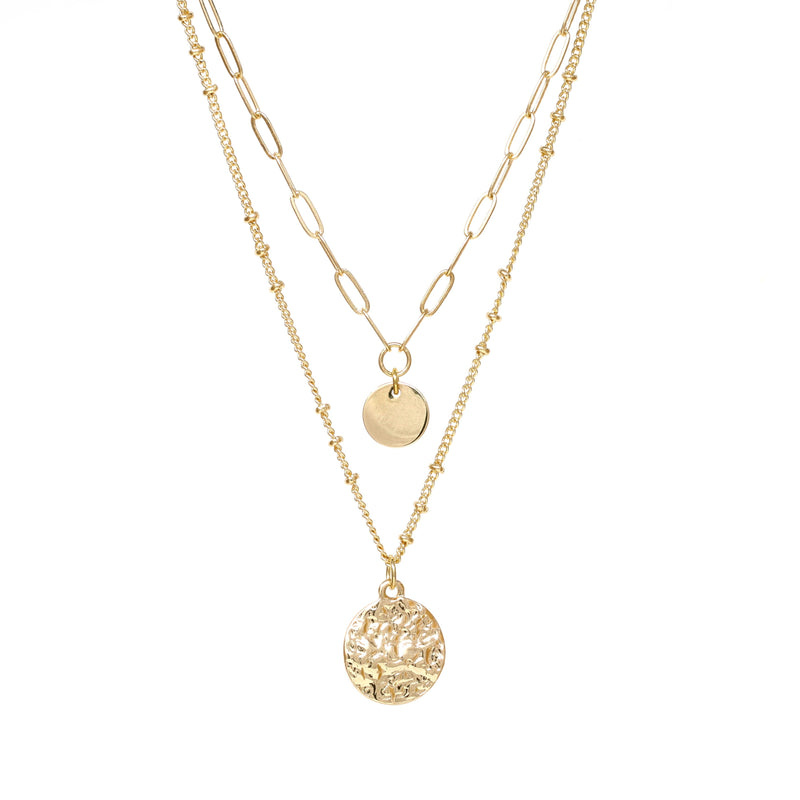 A modern two-layered necklace in gold dangled with two small charms.