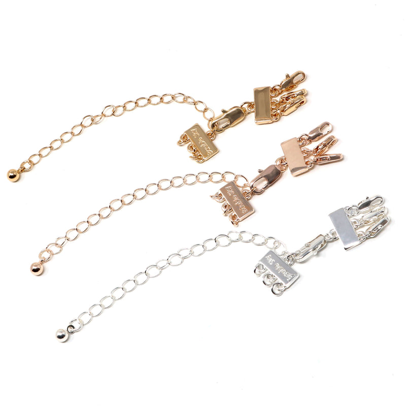 Detangler clasps with extension chains in gold, silver, and rose gold for a 3 layered or a multiple layered necklace.